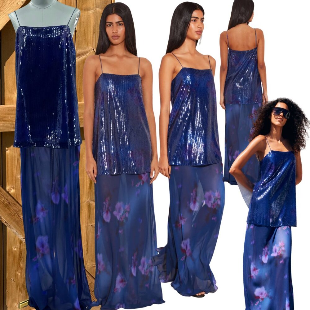 🆕 RAT & BOA 🧿 NWOT Violetta Blue Sequin & Floral Printed Maxi Dress, Sz L